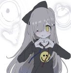  1girl :p @_@ animal_hands black_bow black_hoodie bow claws closed_mouth floppy_ears furry furry_female hair_bow hair_ornament hair_over_one_eye hands_up heart heart_hands highres hood hood_down hoodie long_hair long_sleeves looking_at_viewer one_eye_closed original oyasu_miyo pawpads print_hoodie rabbit_hair_ornament simple_background smile smiley_face solo stitches tongue tongue_out vreparty white_background yellow_eyes 