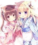  2girls :d :o animal_ear_fluff animal_ears apron azumi_kazuki black_bow blonde_hair blue_kimono blush bow brown_eyes brown_hair cat_ears commentary_request cup dango disposable_cup floral_print food frilled_apron frills hair_bow hair_intakes hands_up highres holding holding_cup holding_food japanese_clothes kimono long_hair long_sleeves looking_at_viewer multiple_girls obi one_side_up open_mouth original parted_lips paw_pose pink_kimono print_kimono purple_eyes sash smile twintails wagashi waist_apron white_apron wide_sleeves 