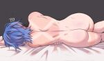  1girl aqua_(kingdom_hearts) artist_name ass back bed blanket blue_hair from_behind grey_background kingdom_hearts lying nude on_side short_hair solo tabletorgy tan tanline toned 