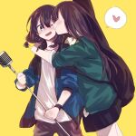  2girls blush brown_hair cheek_kiss closed_eyes heart hug hug_from_behind instrument_case instrument_on_back inuko_(ink0425) kiss long_hair low_twintails medium_hair microphone multiple_girls one_eye_closed original spoken_heart twintails yellow_background yuri 