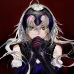  1girl black_gloves covered_mouth crossed_bangs dress fate/grand_order fate_(series) forzen fur_trim gloves headpiece jeanne_d&#039;arc_alter_(avenger)_(fate) jeanne_d&#039;arc_alter_(avenger)_(third_ascension)_(fate) jeanne_d&#039;arc_alter_(fate) long_hair looking_at_viewer own_hands_clasped own_hands_together portrait red_background simple_background sleeveless sleeveless_dress solo vambraces white_hair yellow_eyes 