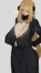  1girl alternate_breast_size areola_slip black_eyes blonde_hair blush breasts chamchami cleavage commentary curvy cynthia_(pokemon) dress hair_over_one_eye hand_on_own_hip huge_breasts large_areolae long_hair looking_at_viewer plump pointy_breasts pokemon pokemon_dppt sagging_breasts see-through solo standing 