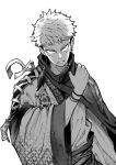  1boy absurdres arm_at_side bead_bracelet beads bracelet cloak clothes_writing cross-laced_clothes doi_nau earrings facial_mark greyscale hand_on_own_shoulder hand_up hashtag_only_commentary highres itadori_yuuji japanese_clothes jewelry jujutsu_kaisen kimono long_sleeves looking_at_viewer male_focus monochrome short_hair simple_background solo tassel tassel_earrings undercut upper_body wide_sleeves 