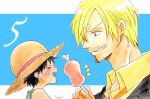  &gt;_&lt; 2boys black_hair black_jacket blonde_hair blue_background blush collared_shirt curly_eyebrows facial_hair food goatee green_shirt hanakotoba28 hat heart highres holding holding_food jacket looking_down male_focus meat monkey_d._luffy multiple_boys mustache_stubble notice_lines one_piece profile sanji_(one_piece) shirt short_hair signature sleeveless sleeveless_shirt smile straw_hat stubble yellow_shirt 