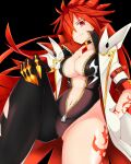  1girl asymmetrical_clothes black_background black_bodysuit black_gloves bodysuit breasts center_opening choker cleavage coat elesis_(elsword) elsword flame_lord_(elsword) full-length_zipper gloves hair_over_one_eye hand_in_pocket hand_on_own_knee highres kotuzui_yositune large_breasts leg_tattoo long_hair looking_at_viewer navel open_clothes red_eyes red_hair simple_background single_pantsleg smile solo spiked_hair tattoo unzipped very_long_hair white_coat zipper 