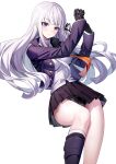  1girl arms_up black_gloves black_ribbon black_skirt boots breasts collared_shirt commentary_request danganronpa:_trigger_happy_havoc danganronpa_(series) dress_shirt feet_out_of_frame floating_hair gloves grey_hair hair_ribbon highres jacket kirigiri_kyoko long_hair long_sleeves looking_at_viewer medium_breasts necktie orange_necktie pleated_skirt purple_eyes purple_jacket ribbon ririko_(zhuoyandesailaer) shirt simple_background skirt sleeves_past_wrists socks solo v-shaped_eyebrows very_long_hair white_background white_shirt white_socks 