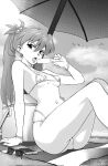  1girl arm_support artist_name beach bikini bracelet cellphone cloud cloudy_sky cooler cover cover_page doujin_cover eyebrows_hidden_by_hair feet_out_of_frame food frown hair_between_eyes hair_ornament highleg highleg_bikini highres holding holding_food holding_popsicle jewelry leaning_back long_hair looking_at_viewer micro_bikini monochrome narrow_waist navel neon_genesis_evangelion parasol phone popsicle ryness sexually_suggestive shadow simple_bird sky smartphone solo souryuu_asuka_langley spanish_commentary sunglasses swimsuit textless_version thighs towel two_side_up umbrella very_long_hair 