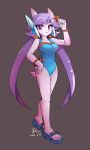  2021 absurd_res anthro aquatic_dragon breasts cleavage clothed clothing dragon female freedom_planet freedom_planet_2 grey_background hair hi_res horn hybrid long_hair mammal marine nikoyosan one-piece_swimsuit purple_body purple_eyes purple_hair sash_lilac simple_background solo swimwear video_games 