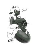 amber_eyes big_breasts bodily_fluids bovid breasts caprine curvy_figure embarrassed female fluffy fluffy_tail fur hi_res holding_breast horn lactating mammal milk nipples serth sheep solo tail text voluptuous wide_hips wool_(fur)