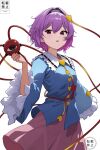  1girl absurdres black_hairband blue_shirt commentary hairband heart highres komeiji_satori long_sleeves looking_at_viewer maizumi open_mouth pink_skirt purple_eyes purple_hair shirt short_hair simple_background skirt solo third_eye touhou white_background wide_sleeves 