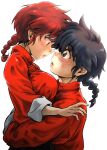  1boy 1girl absurdres black_hair blue_eyes blush braid braided_ponytail breasts chinese_clothes dual_persona genderswap genderswap_(mtf) highres large_breasts long_hair looking_at_another oloxolo open_mouth ranma-chan ranma_1/2 red_hair saotome_ranma simple_background single_braid tangzhuang white_background 