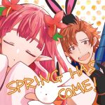  1boy 1girl animal_ears animal_hat brown_eyes easter fake_animal_ears fire_emblem fire_emblem:_three_houses fire_emblem_heroes hat holding holding_pole mirabilis_(fire_emblem) mirabilis_(spring)_(fire_emblem) official_alternate_costume orange_hair ouzisamafe pole rabbit rabbit_hat sleeves_past_fingers sleeves_past_wrists sylvain_jose_gautier sylvain_jose_gautier_(spring) 