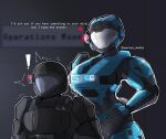  ! 1boy 1girl armor artist_name assault_visor breastplate catherine-b320 english_commentary english_text halo:_reach halo_(series) hand_on_own_hip head_tilt heart height_difference helmet highres odst power_armor spartan_(halo) spartans_doodles surprised 