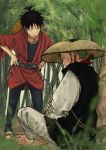  2boys 7nawon bead_necklace beads black_eyes black_hair closed_eyes day earrings forest full_body green_hair hands_on_own_hips hat hat_on_back highres japanese_clothes jewelry kimono looking_at_another male_focus monkey_d._luffy multiple_boys nature necklace one_piece outdoors red_kimono roronoa_zoro scar scar_on_cheek scar_on_face short_hair sideburns single_earring sitting sleeping straw_hat sword weapon 