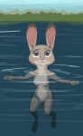  2021 anthro breasts casual_nudity disney featureless_crotch female fur grey_body grey_fur judy_hopps lagomorph leporid looking_at_viewer mammal navel nipples nude outside rabbit skinny_dipping smile solo tggeko water zootopia 