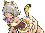  1girl all_fours animal_ear_hairband animal_ears bare_shoulders breasts brown_shirt cat_ear_hairband cat_ears cat_tail dark-skinned_female dark_skin fake_animal_ears feet_out_of_frame fugota6509 fur-trimmed_skirt fur_collar fur_trim hairband highres kiracchu_(pri_chan) kiratto_pri_chan layered_skirt looking_at_viewer medium_breasts mouse mouth_hold pretty_series pripara shirt short_hair sidelocks simple_background skirt solo tail taiyo_pepper thigh_strap white_background yellow_eyes 
