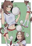  1girl animal_ears ball brown_hair clover_hair_ornament fine_motion_(umamusume) green_eyes hair_between_eyes hair_bun hair_ornament highres horse_ears horse_girl horse_tail maharu66 midriff multicolored_hair navel playing_sports shirt shorts smile soccer_ball solo sportswear stomach tail tracen_training_uniform umamusume white_hair 