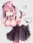  1girl black_dress breasts character_request choker copyright_request dated demon_girl demon_horns demon_tail demon_wings dress grey_background highres horns leaning_forward looking_at_viewer medium_breasts muzin_chan pink_eyes short_hair signature solo tail wings 