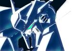  black_background from_side green_eyes gundam gundam_hathaway&#039;s_flash highres kuroiwa_cookie looking_down mecha mobile_suit monochrome no_humans science_fiction solo spot_color upper_body v-fin xi_gundam 
