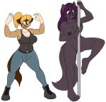 2017 4_toes 5_fingers angry anthro black_body black_fur black_nose blonde_hair blouse bottomwear breasts brown_body brown_eyes brown_fur canid canine canis cleavage clothed clothed/nude clothed_female_nude_female clothing dancing denim denim_bottomwear denim_clothing domestic_dog duo feet female fingers footwear fox fur genitals german_shepherd hair herding_dog hindpaw humanoid_hands jeans mammal mirasuke_inhara naive navel nipples nude pants pastoral_dog paws pole pole_dancing ponytail purple_eyes purple_hair pussy shoes skidd standing stripper_pole teeth the_servant_omen toes tongue topwear victoria_shen