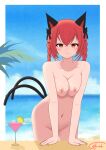  1girl absurdres animal_ears blue_sky blurry blurry_background blush breasts cat_ears cat_girl cat_tail chiaki_koizumi cleavage closed_mouth cloud collarbone commentary completely_nude cup drinking_glass highres kaenbyou_rin large_breasts looking_at_viewer medium_hair multiple_tails navel nekomata nipples nude outdoors red_eyes red_hair signature sky solo tail touhou two_tails variant_set 