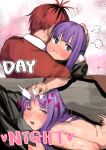  1boy 1girl :i blush commentary day_and_night english_text fern_(sousou_no_frieren) flying_sweatdrops grabbing_another&#039;s_hair headpat heart heart-shaped_pupils hetero hug implied_sex meme multicolored_hair nose_blush pout puff_of_air purple_hair red_hair roots_(hair) sake_(vzty5527) saliva_drip sex sex_from_behind sideways_glance sousou_no_frieren stark_(sousou_no_frieren) sweat symbol-shaped_pupils tears 