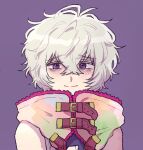  1boy bags_under_eyes bare_shoulders chiimako detached_sleeves fingerless_gloves gloves gnosia grey_eyes grey_hair hair_between_eyes hood hoodie looking_at_viewer male_focus open_mouth purple_background purple_eyes remnan_(gnosia) short_hair simple_background 