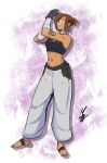  1girl baggy_pants bandaged_arm bandaged_foot bandages bare_shoulders biceps black_bandages black_gloves black_nails blonde_hair breasts brown_hair character_request earrings feeling_muscles fingerless_gloves flexing gloves gradient_hair hair_over_eyes highres hoop_earrings jewelry long_bangs looking_at_viewer m4rr3o midriff multicolored_hair nail_polish navel original pants purple_background signature small_breasts smile solo tan toenail_polish toenails toes toned two-tone_hair white_background white_nails white_pants yellow_trim 