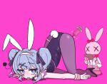  1girl :p animal_ears bare_shoulders black_footwear black_ribbon blue_eyes blue_hair facial_mark fake_animal_ears fake_tail fang fishnet_pantyhose fishnets gradient_hair hair_intakes hair_ornament hair_ribbon hairband hashtag_only_commentary hatsune_miku heart heart_hair_ornament highres leotard multicolored_hair on_floor pantyhose pink_background pink_hair pink_pupils playboy_bunny rabbit rabbit_ears rabbit_hole_(vocaloid) rabbit_tail ribbon seonmeoseum sidelocks simple_background single_tear skin_fang squiggle sweatdrop syringe tail teardrop_facial_mark tongue tongue_out top-down_bottom-up twintails vocaloid white_hairband x_hair_ornament 