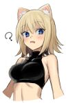  1girl ? animal_ear_fluff animal_ears bare_shoulders blonde_hair blue_eyes blush breasts cat_ears crop_top fang highres looking_at_viewer medium_breasts ogi_non open_mouth original short_hair sketch solo upper_body 