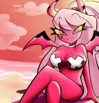 beach big_breasts bikini bite biting_lip breasts clothing demon female hair helluva_boss hi_res horn humanoid looking_at_viewer lukethesnakesimp ponytail sitting solo succubus swimwear towel verosika_mayday_(helluva_boss) wings