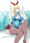  1girl animal_ears blonde_hair blue_bodysuit blue_eyes blush bodysuit breasts bunny_ears highres large_breasts long_hair looking_at_viewer metroid metroid_(creature) mole mole_under_mouth pantyhose playboy_bunny ponytail samus_aran simple_background skin_tight solo swimsuit vialnite zero_suit 