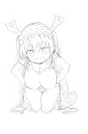  1girl :d barefoot breasts cleavage_cutout clothing_cutout cool-kyou_shinja dragon_girl dragon_horns dragon_tail full_body greyscale hands_on_own_hips highres horns kobayashi-san_chi_no_maidragon large_breasts leaning_forward long_hair looking_at_viewer maid_headdress monochrome open_mouth panties sharp_teeth shirt short_sleeves simple_background slit_pupils smile solo tail teeth tohru_(maidragon) twintails underwear white_background 