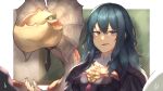  1girl absurdres blue_eyes blue_hair blush breasts byleth_(fire_emblem) byleth_(fire_emblem)_(female) fire_emblem fire_emblem:_three_houses hair_ornament highres long_hair looking_at_viewer medium_hair monster monster_hunter_(series) shiburingaru short_hair smile yian_kut-ku 