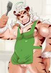  anthro apron apron_only balls clothing felid genitals hombretigre ilan1985 male mammal mostly_nude muscular muscular_anthro muscular_male nude one_eye_closed pantherine pecs solo spatula tiger tokyo_afterschool_summoners tools video_games wink 