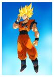  1boy black_sash blonde_hair blue_eyes check_commentary clenched_hand closed_mouth collarbone commentary commentary_request dougi dragon_ball dragon_ball_(classic) dragon_ball_z floating highres long_hair looking_at_viewer muscular muscular_male salute sash smile solo son_goku spiked_hair super_saiyan taiga_hiroyuki 