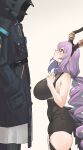  1girl 1other absurdres arknights blush breasts doctor_(arknights) garter_straps hand_in_pocket height_difference highres hood hooded_coat horns large_breasts long_hair looking_up profile purple_eyes purple_hair radioneet sleeveless sweat typhon_(arknights) 