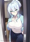  1girl bangs blue_eyes blue_jacket blush breasts highres jacket large_breasts long_hair long_sleeves looking_at_viewer original ponytail ribbed_sweater silver_hair sweater turtleneck turtleneck_sweater white_sweater yuki_onna zeroshiki_kouichi 