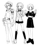  3girls :d ;) aegis_(persona) android arms_at_sides bnna-0208 bow bowtie cardigan commentary full_body gekkoukan_high_school_uniform hand_on_own_chest hands_up highres joints kneehighs korean_commentary loafers long_sleeves monochrome multiple_girls one_eye_closed persona persona_3 pleated_skirt robot_joints school_uniform shoes short_hair simple_background sketch skirt smile socks standing takeba_yukari w_arms yamagishi_fuuka 