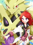  1boy alternate_color collarbone collared_shirt fangs jacket looking_at_viewer mega_pokemon mega_tyranitar mugi_(mugio_18) official_alternate_costume open_clothes open_jacket pokemon pokemon_(creature) pokemon_masters_ex purple_eyes red_eyes red_hair shiny_pokemon shirt silver_(champion)_(pokemon) silver_(pokemon) tyranitar 