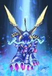  all_fours carloromeroart claws cyborg digimon digimon_(creature) digimon_adventure:_(2020) energy_wings glowing glowing_eyes highres mechanical_tail mechanical_wings metalgarurumon no_humans signature solo spikes tail wings wolf 