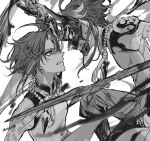  2boys artist_name battle clenched_teeth dual_persona duel eye_contact genshin_impact greyscale highres holding holding_another&#039;s_wrist holding_polearm holding_weapon jewelry looking_at_another male_focus monochrome multiple_boys necklace pearl_necklace polearm shiraishi_(siraisi00) teeth weapon xiao_(genshin_impact) 