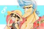  2boys artist_name black_hair black_shirt blue_background child cyborg floral_print franky_(one_piece) hanakotoba28 highres male_focus monkey_d._luffy multiple_boys one_piece pompadour red_shirt scar scar_on_face shirt short_hair sideburns sleeveless sleeveless_shirt smile star_(symbol) stitched_neck stitched_torso stitches sunglasses v-shaped_eyebrows 