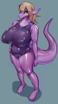  anthro big_breasts biped breasts brown_hair chubby_female clothed clothing dragon female hair hand_on_hip hi_res huge_breasts looking_at_viewer nipple_outline one-piece_swimsuit purple_body red_eyes scalie simple_background slightly_chubby solo solterv standing swimwear thick_thighs 
