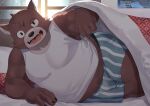 2024 absurd_res agitoryuusaki anthro bed belly black_nose blanked brown_body canid canine clothing detailed_background furniture hi_res humanoid_hands kemono male mammal overweight overweight_male shirt solo topwear underwear