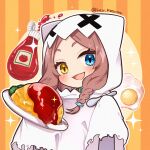  1girl blue_eyes blush braid egg_(food) fish_hair_ornament food fried_egg hair_ornament heterochromia hey_kouzesan highres holding holding_spoon indie_virtual_youtuber ketchup long_hair omelet omurice open_mouth outline plate shadow smile solo sparkle spoon white_outline yellow_eyes yuduki_miya 