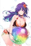  1girl alternate_costume bikini black_bikini blush breasts choker cleavage commentary_request fire_emblem fire_emblem:_three_houses fire_emblem_heroes fire_emblem_warriors:_three_hopes hair_bun hair_over_one_eye large_breasts long_hair looking_at_viewer outdoors purple_eyes purple_hair shez_(female)_(fire_emblem) shez_(fire_emblem) simple_background single_hair_bun smile solo swimsuit white_background yuuri_(orz_commushows) 