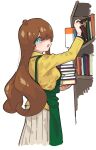  1girl ahoge apron blue_eyes blunt_bangs book book_stack bookshelf brown_hair collared_shirt cowboy_shot from_side fugota6509 green_apron grey_skirt hair_over_one_eye highres holding holding_book kiratto_pri_chan long_hair long_sleeves looking_at_viewer looking_back nijinosaki_dia open_mouth pleated_skirt pretty_series shirt simple_background skirt solo standing very_long_hair white_background yellow_shirt 