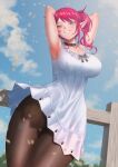  1girl :d armpits arms_behind_head arms_up bare_shoulders black_choker black_pantyhose blue_eyes blush breasts casual choker cipher4109 cloud cloudy_sky cross-shaped_pupils dress earrings fence frilled_dress frills from_below grin happy heterochromia highres hololive irys_(casualrys)_(hololive) irys_(hololive) jewelry lace lace_choker large_breasts leaf lens_flare long_hair looking_at_viewer medium_breasts open_mouth outdoors pantyhose pointy_ears purple_eyes purple_hair ribbon side_ponytail sky smile solo swaying symbol-shaped_pupils teeth thick_thighs thighs virtual_youtuber white_dress wooden_fence 