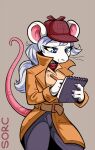  2021 anthro blue_eyes blush breasts claws clothing coat detective female finger_claws fur grey_hair hair hat headgear headwear mammal mouse murid murine notebook pencil_(object) rodent simple_background solo sorc standing topwear trenchcoat white_body white_fur 